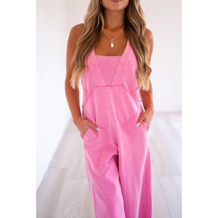 Bonbon Mineral Wash Raw Seam Patchwork Wide Leg Loose Jumpsuit
