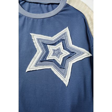 Dark Blue Contrast Knitted Colorblock Star Patchwork Oversize Long Sleeve Top