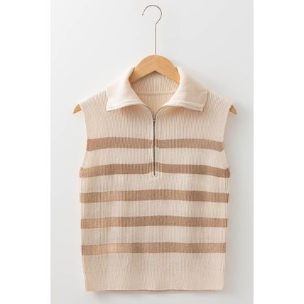 Khaki Stripe Ribbed Half Zip Collared Sweater Vest