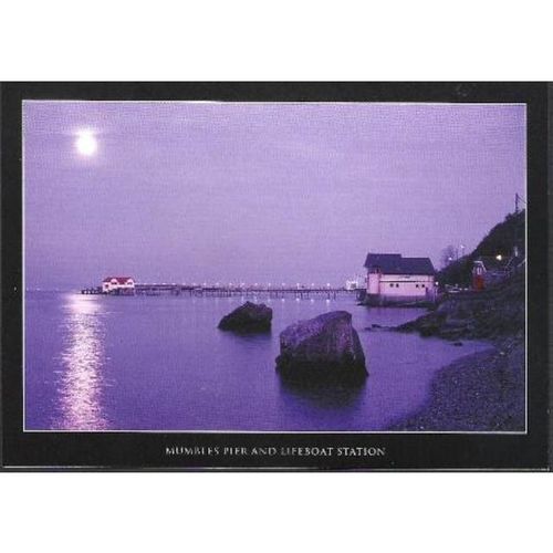 Mumbles, Swansea - Pier & Lifeboat Station at night - postcard
