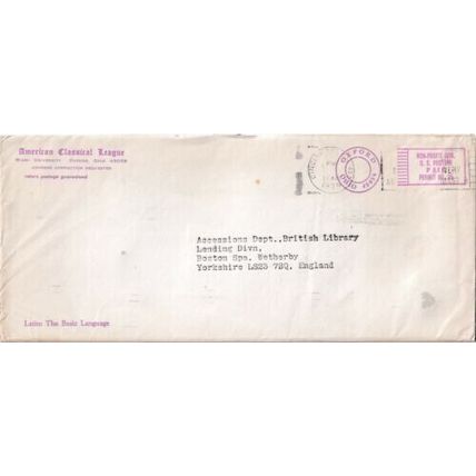 United States 1979 American Classical League Oxford Ohio-Wetherby UK Cover typed