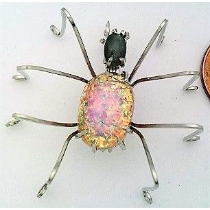 Vintage Opal Glass Spider Stainless Wire Wrap Pin Brooch 11