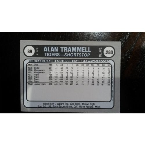 1981 Fleer Star Sticker Card # 089 Alan Trammell Ex (5) Detroit Tigers