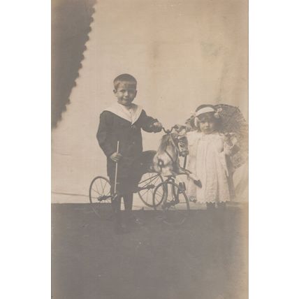 Childrens Antique Bike Bicycle Rocking Horse Umbrella Old Postcard