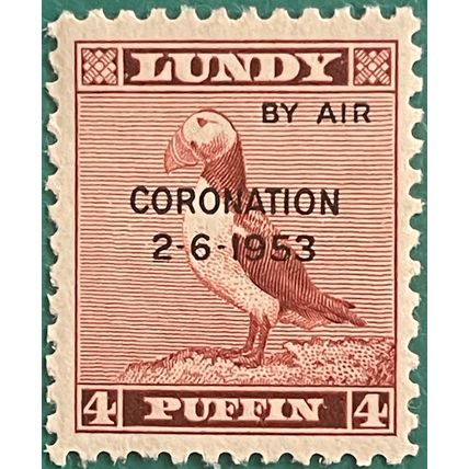 Lundy 1953 Coronation 4d black o/p Brown Mounted Mint MM SG 104 Stamp Puffin