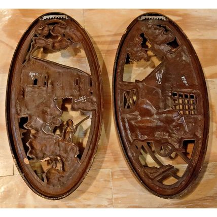 Vintage Burwood MCM 3D Molded Resin Wall Plaques Country Fisherman & Blacksmith