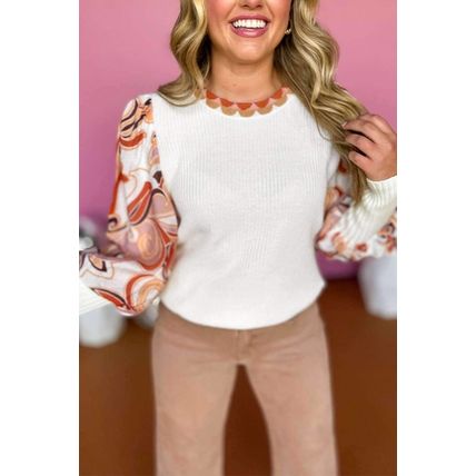 White Floral Patch Bishop Sleeve Sweater