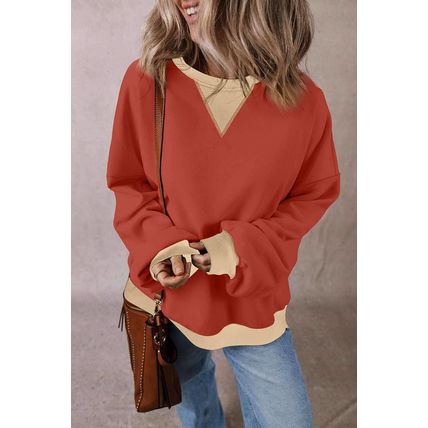 Red Clay Color Block Patch Drop Shoulder Oversized Sweatshirt