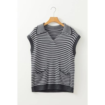 Gray Stripe Collared V Neck Sweater Vest with Pockets