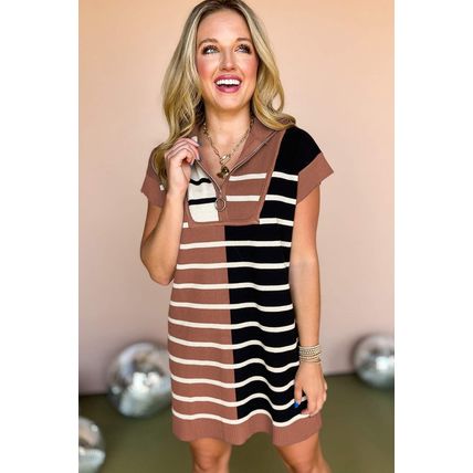 Black Stripe Color Block Quarter Zip Collar Short Sleeve Sweater Dress