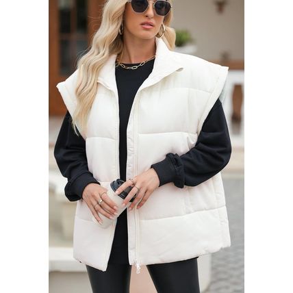 Beige Zipper Stand Neck Oversized Puffer Vest