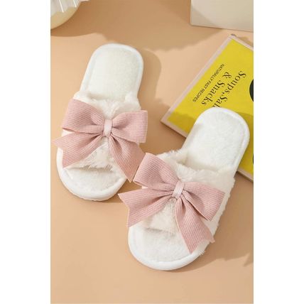 White Bow Knot Decor Open Toe Plush Slippers