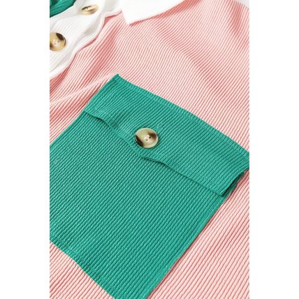 Pink Colorblock Ribbed Collared Oversized Sweatshirt