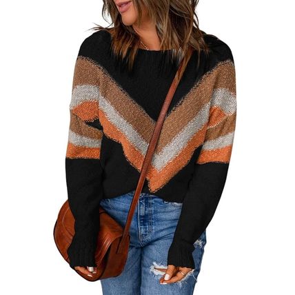 Multicolor Black Chevron Striped Drop Shoulder Sweater