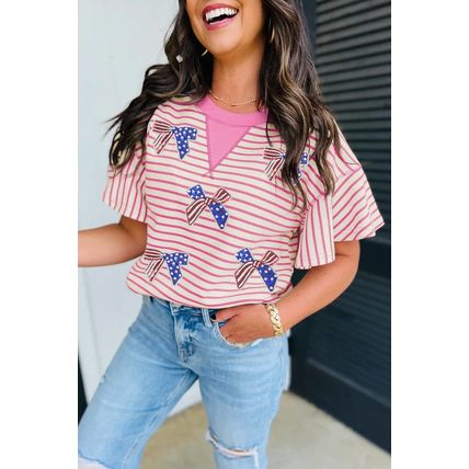 Sachet Pink Sequined American Flag Bow Patched Striped Ruffled Sleeve Blouse