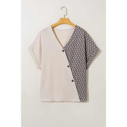 Oatmeal Contrast Geometric Print Patchwork V Neck Short Sleeve Plus Size Top