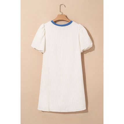 Beige Stripe Seersucker Contrast Round Neck Puff Sleeve T Shirt Dress
