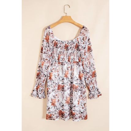 White Floral Print Sweetheart Neck Long Sleeve High Waist Mini Dress