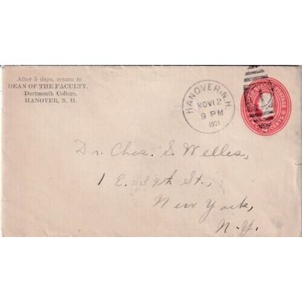 United States 1901 Dartmouth College Hanover NH-New York NJ Cover VGC