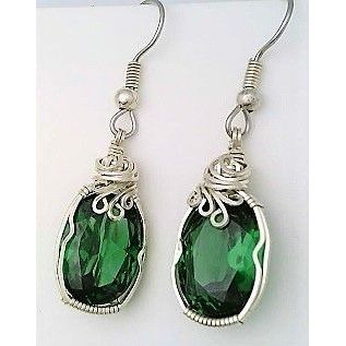Emerald Sterling Silver Wire Wrap Gemstone Dangle Earrings 2