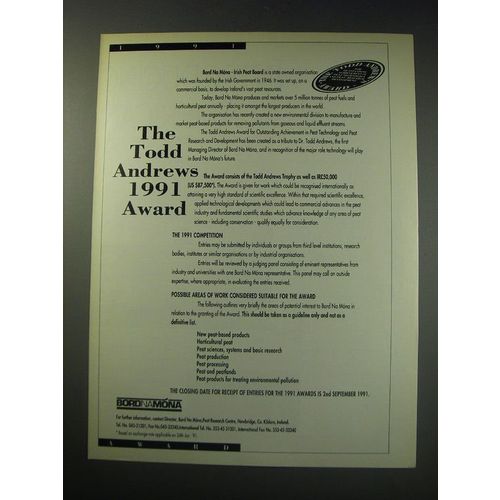 1991 Bord Na Mona - Irishg Peat Board Ad - The Todd Andrews 1991 Award