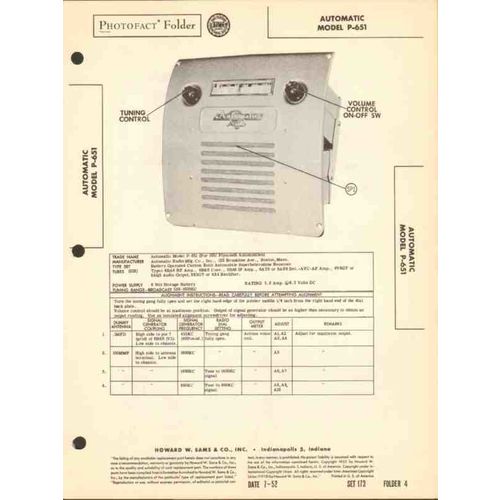 AUTOMATIC model P-651 AM car radio receiver Sams Photofact manual
