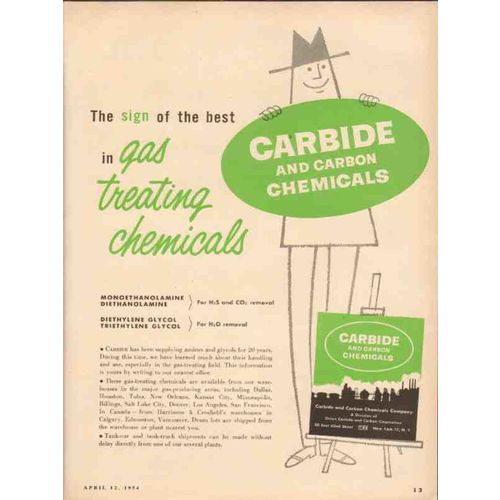 UNION CARBIDE CARBON CORP 1954 gas treating chemicals vintage ad