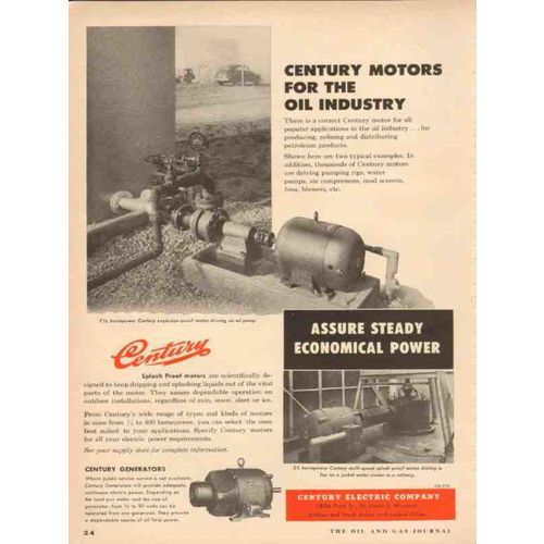 CENTURY ELECTRIC COMPANY 1954 motors for the oil industry vintage ad
