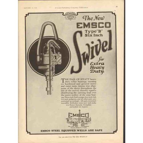EMSCO DERRICK EQUIPMENT CO 1928 heavy duty six inch swivel vintage ad