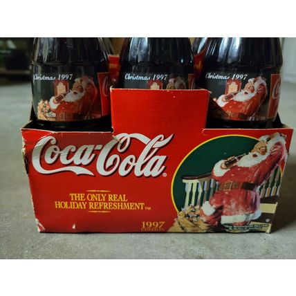 6x Pack Coca Cola Christmas 1997 Santa Green Glass Bottle Painted Label Full 8oz