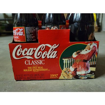 6x Pack Coca Cola Christmas 1997 Santa Green Glass Bottle Painted Label Full 8oz