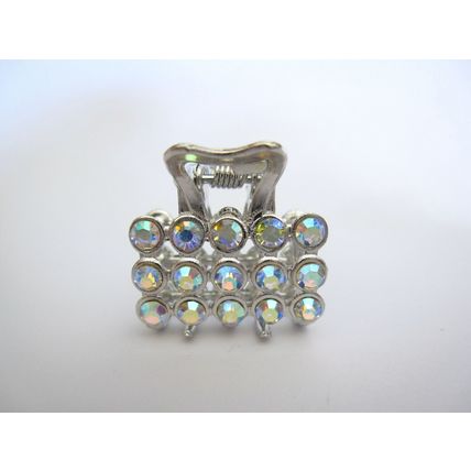 Small mini silver square shaped metal hair claw clip with crystals