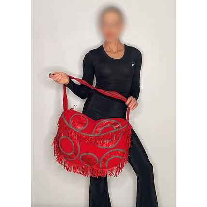 1980s Large Red Overnight Baby Bag Leather Fringed bAG MAKE OFFER!