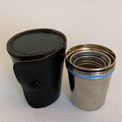4 VINTAGE Metal German Nesting Shot Glasses Cups Set Black Leather Travel Case