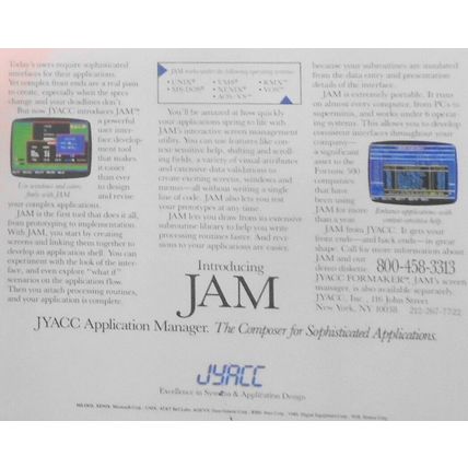 "Our front end helps protect your back end" - JAM by JYACC promo flyer, 1988.