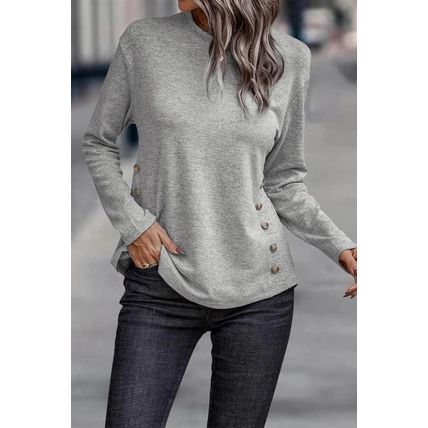 Gray Side Buttons Crew Neck Knit Top