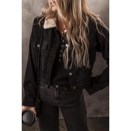 Black Fleece Lined Button-up Collared Corduroy Crop Jacket