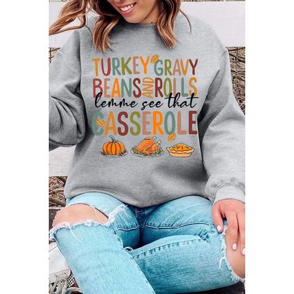 Gray Thanksgiving Slogan Pumpkin Turkey Pie Graphic Sweatshirt