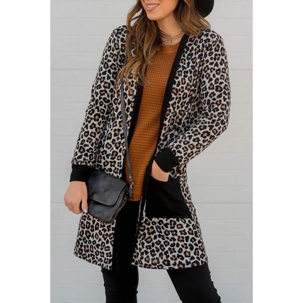 Black Leopard Patched Pocket Open Front Cardigan
