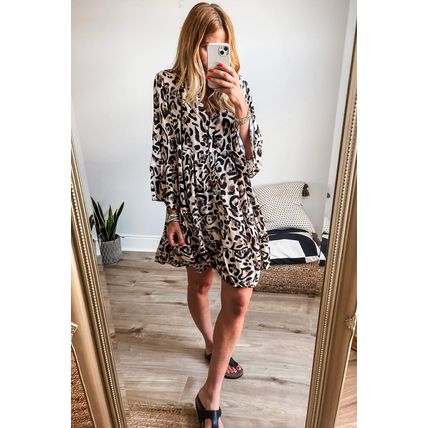 Black Leopard Print Buttoned Front 3/4 Sleeve Tiered Ruffled Hem Dress