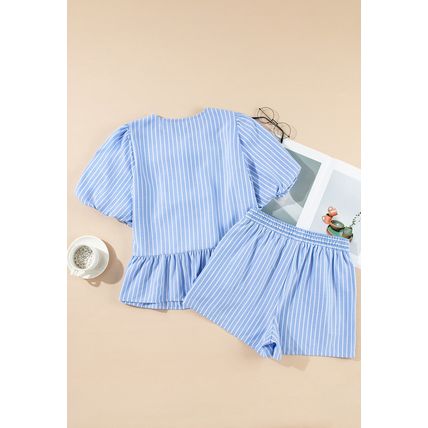 Sky Blue Striped Bowknot Detail Puffy Sleeve Top and Shorts 2Pcs Set