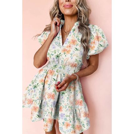 Beige Floral Print Shirred High Waist Puff Sleeve Mini Dress