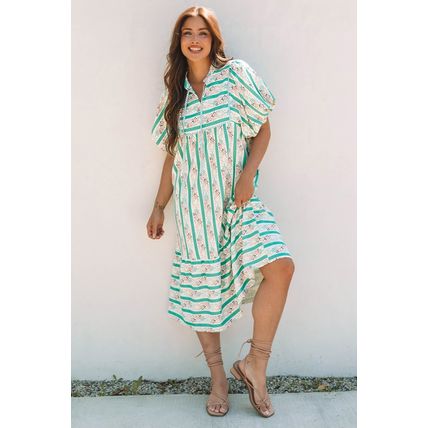 Multicolour Striped Floral Print Tie Split Neck Puff Sleeve Midi Dress