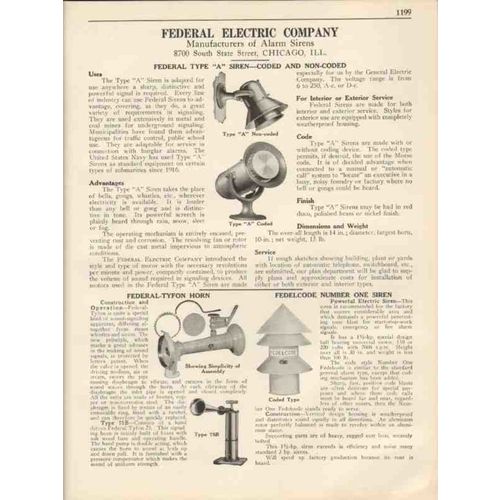 federal electric company 1931 tyfon horns alarm sirens vintage catalog