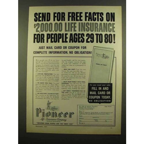 1965 Pioneer Life Insurance Ad - Send For Free Facts