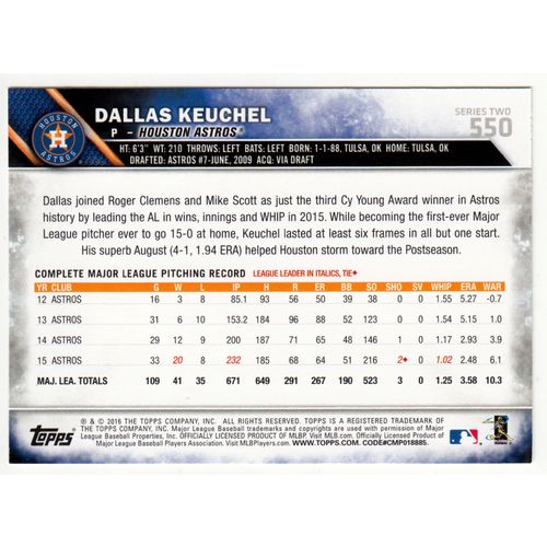 2016 Topps baseball card 550 Dallas Keuchel - Astros