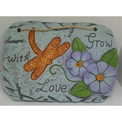 Garden Sign Plaque Grow with Love with Glittering Dragonfly and Purple Flower