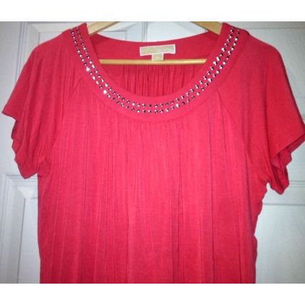 Michael Kors Blouse Women Pink-Coral Jewelry Beaded Neckline Short Sleeve Size L