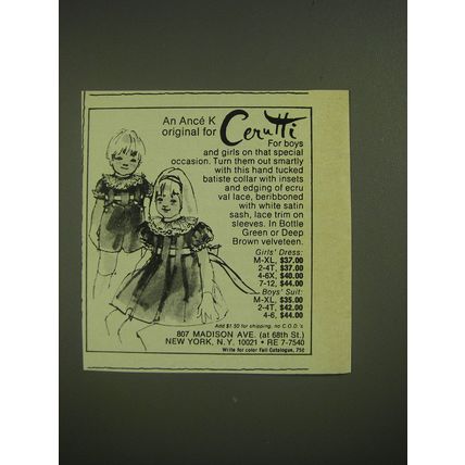 1974 Cerutti Ance K Girls Dress and Boys Suit Advertisement