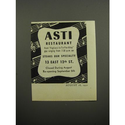 1951 Asti Restaurant Ad - Steaks our specialty